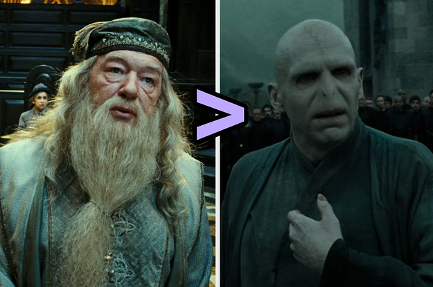 Dumbledore on the left and voldemort on the right with a
