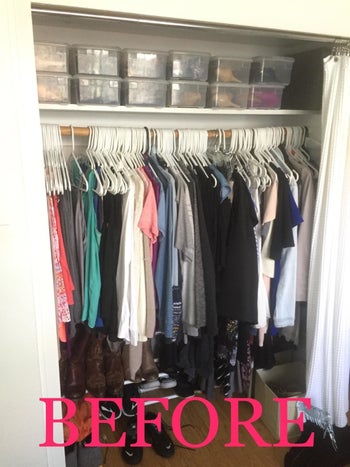 Reviewer's closet packed with clothes on white plastic hangers