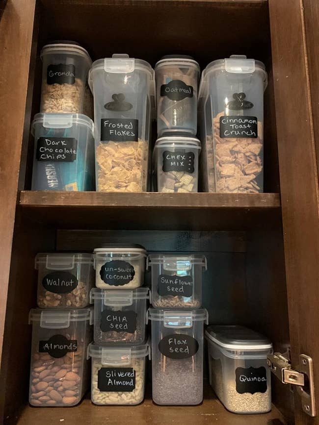 A reviewer's cabinet filled with airtight storage containers