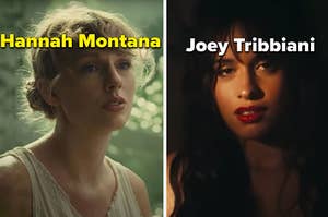 Taylor Swift is on the left labeled, "Hannah Montana" with Camila Cabello on the right labeled, "Joey Trinniani"