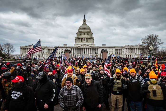 Angry insurrectionists in front of the U.S. Capitol