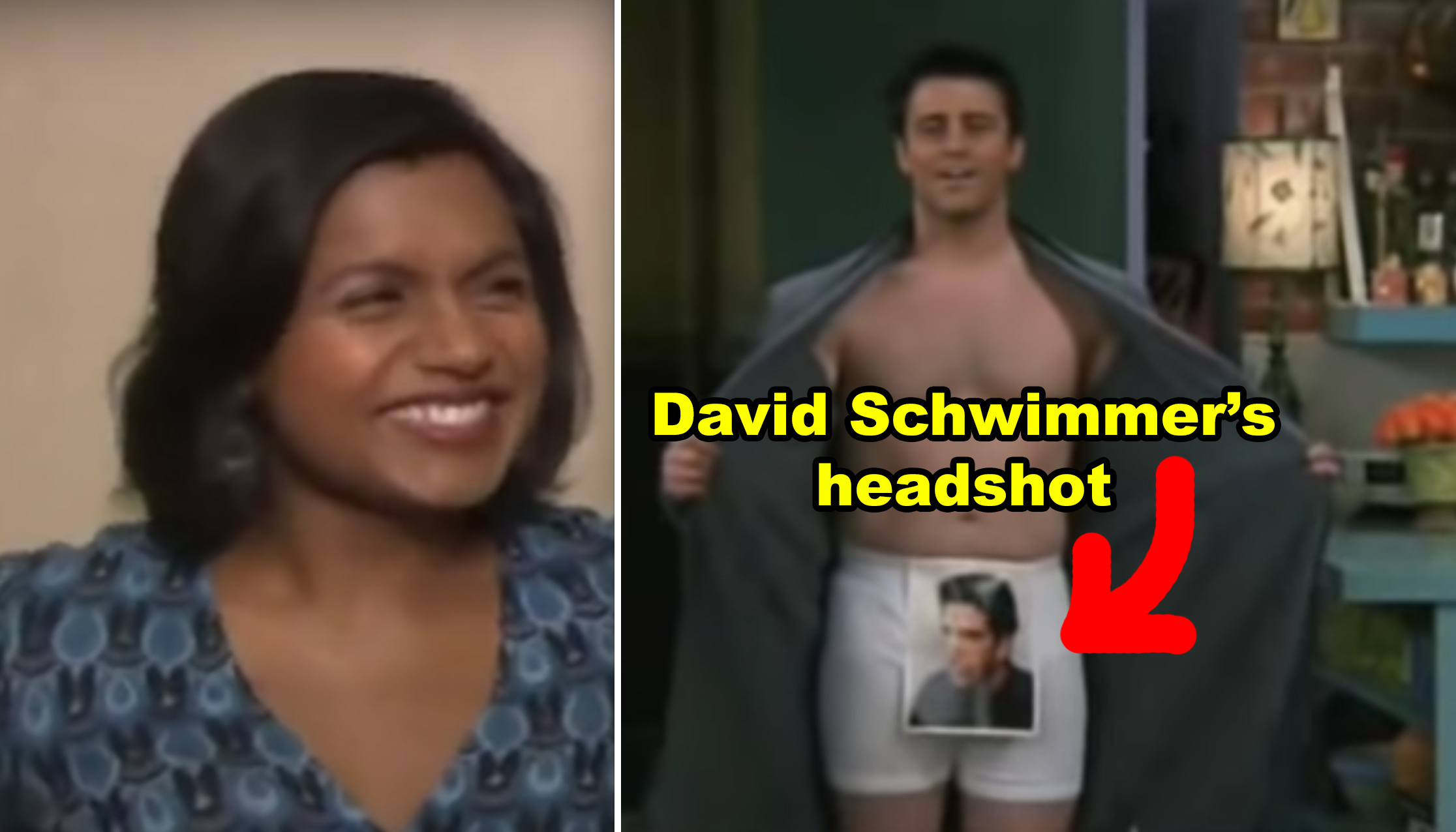 Side-by-side of Mindy Kaling laughing and Matt LeBlanc wearing a robe on 