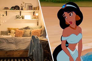 On the left, a bedroom with a bed pressed against the wall and covered with throw pillows with shelves with knickknacks above it, and on the right, Jasmine from "Aladdin"