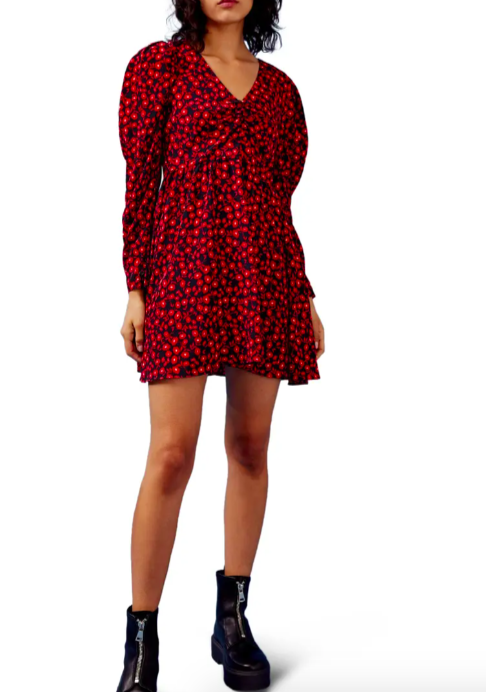 A model wearing the Floral V-Neck Long Sleeve Minidress