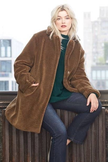 Model in teddy faux fur coat