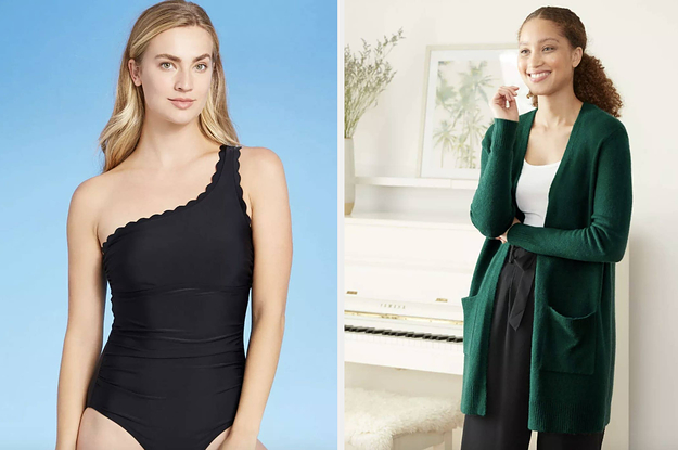 to the left: a model in a black one-shouldered bathing suit, to the right: a model in a green cardigan