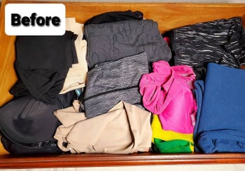 Reviewer photo showing messy drawer before using organizing inserts