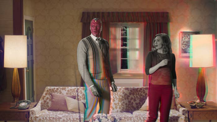 Wanda and Vision in a living room
