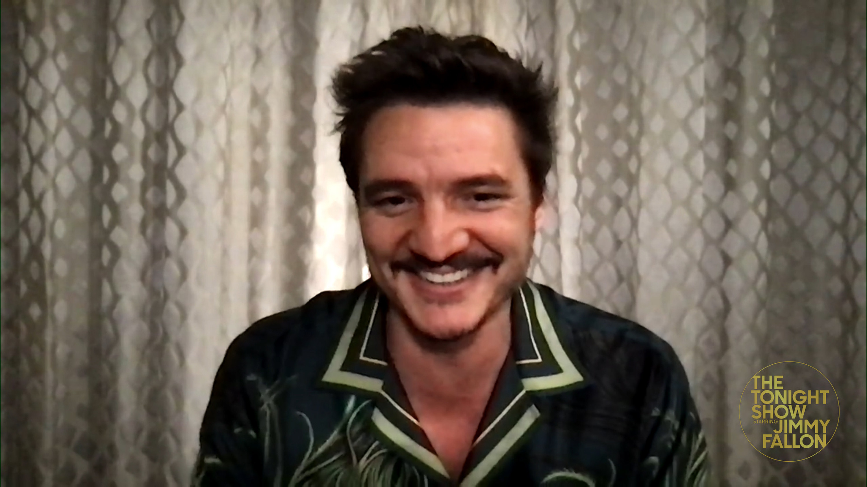 Pedro Pascal in a green button up doing a Zoom interview with Jimmy Fallon