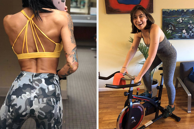 (left) yellow strappy sports bra (right) Grey tank and legging set
