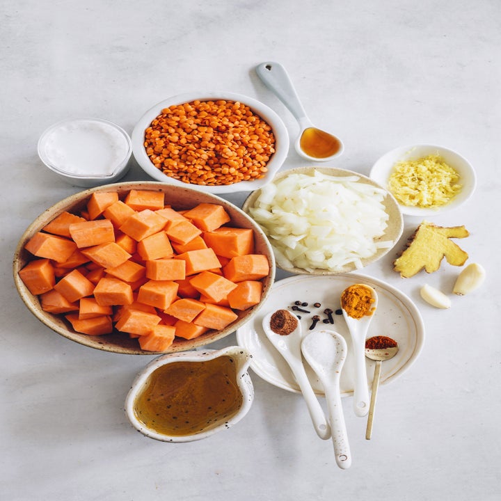 Ingredients for red lentil sweet potato soup