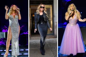 Side-by-side images of Mariah Carey in a sparkly, slitted dress; Mariah in a black and white ensemble with a leather jacket; and Mariah in a pretty pink sparkle dress