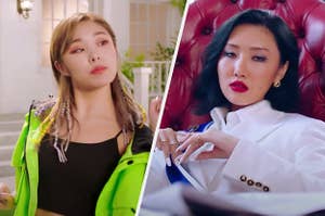 On the left, Wheein from Mamamoo in the "Gogobebe" music video, and on the right, Hwasa from Mamamoo in the "Hip" music video