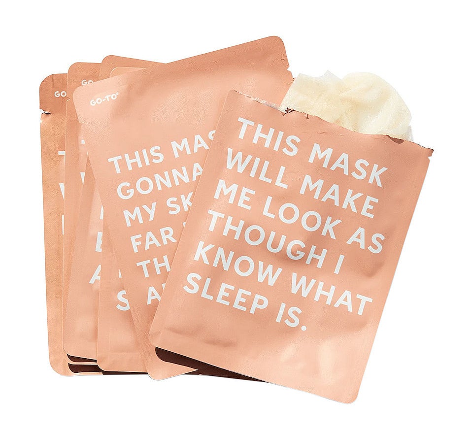 The pink sheet mask packaging which says &quot;this mask will make me look as though I know what sleep is&quot;