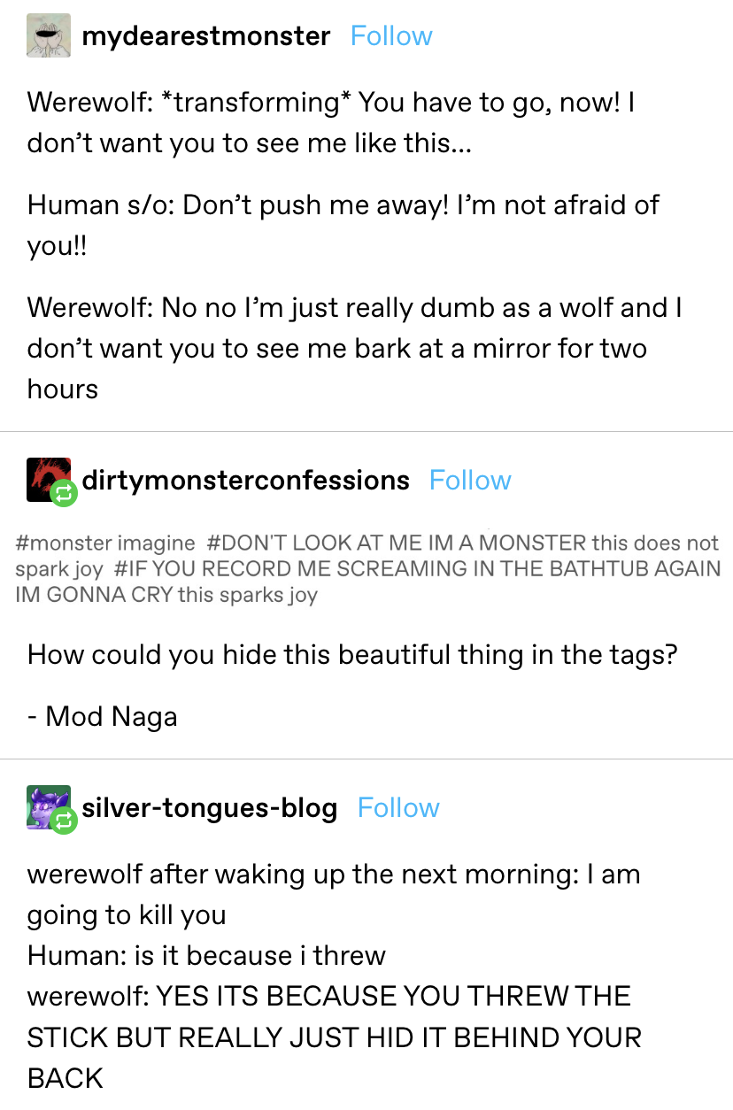 a werewolf transforms and tells their human lover to leave because they're embarrassing dog-like as a wolf