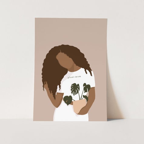 An illustration of a faceless figure wearing a white T-shirt that says "Plant Mom" and holding a potted plant