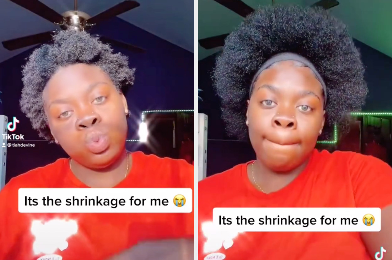 This user shows her natural hair in its wet and shrunken state vs when it&#x27;s dry and stretched out to reveal her actual length