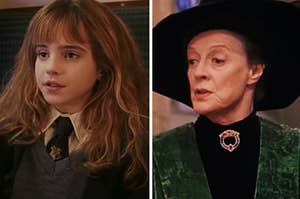 Hermione Granger is on the left on a train with McGonagall on the right