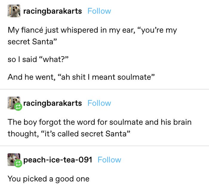 a story about someone calling their fiance their &quot;secret santa&quot; because they forgot the word for &quot;soulmate&quot;