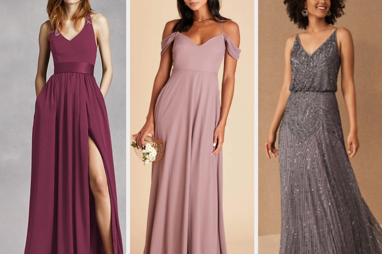 A side-by-side of three bridesmaid dresses, all different length, cuts, and styles