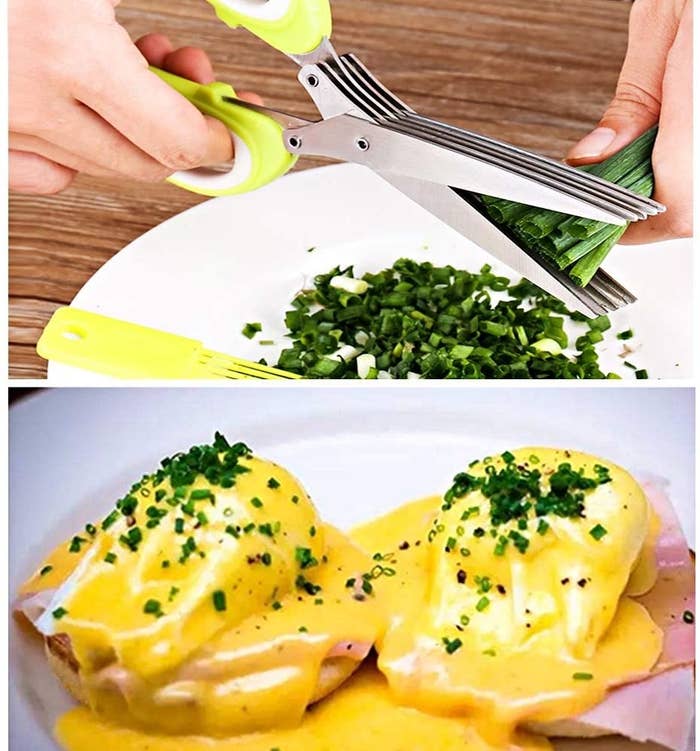 person snipping scallions in a plate and scallions on eggs benedict