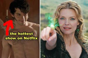 Side-by-side of Jonathan Bailey in "Bridgerton" and Michelle Pfeiffer in "Stardust"