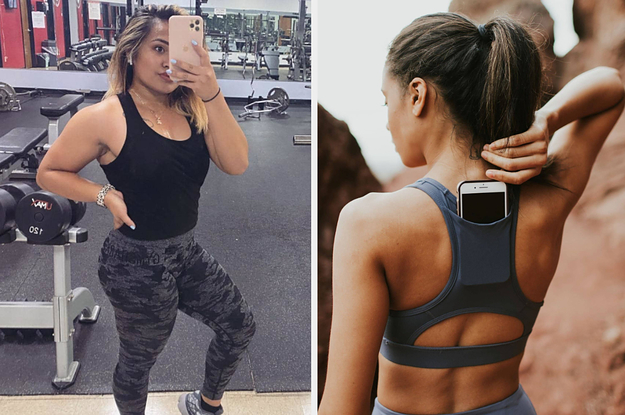 (left) Black cropped tank (right) Grey sports bra with phone pocket in the back