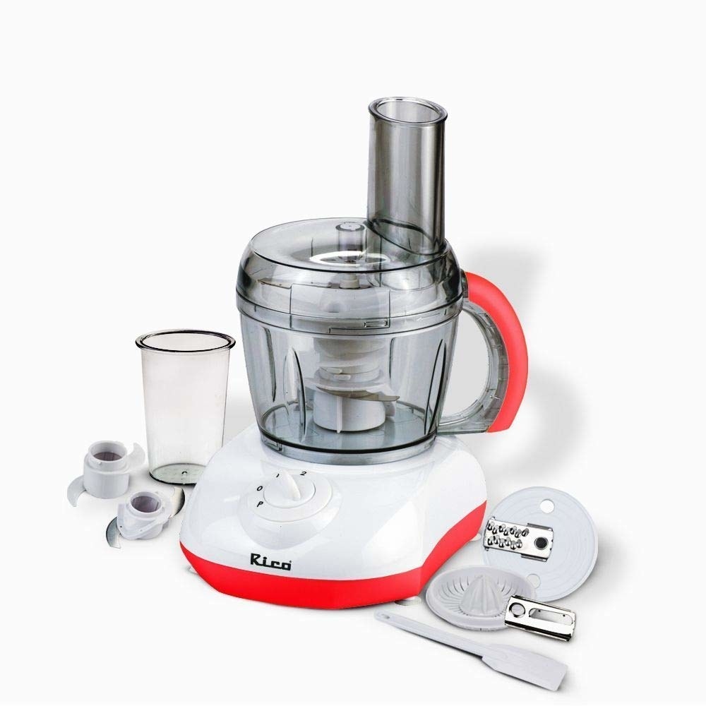 A red and white food processor with different blades