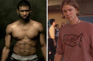 A shirtless Usher next to Chad Michael Murray in Freaky Friday