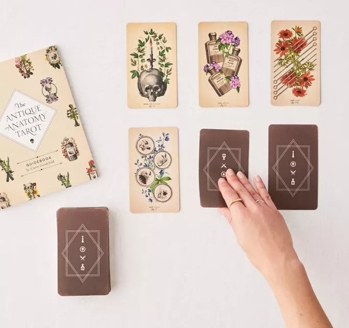 Vintage botanical illustrations on tarot cards placed beside matching guidebook 