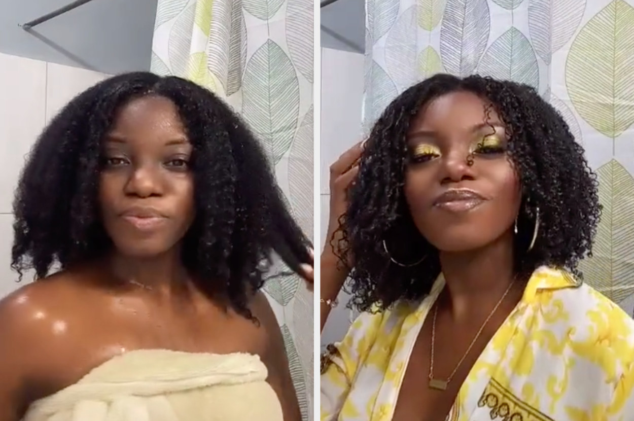 This user shows her natural hair while its wet vs while its dry and even curlier than before