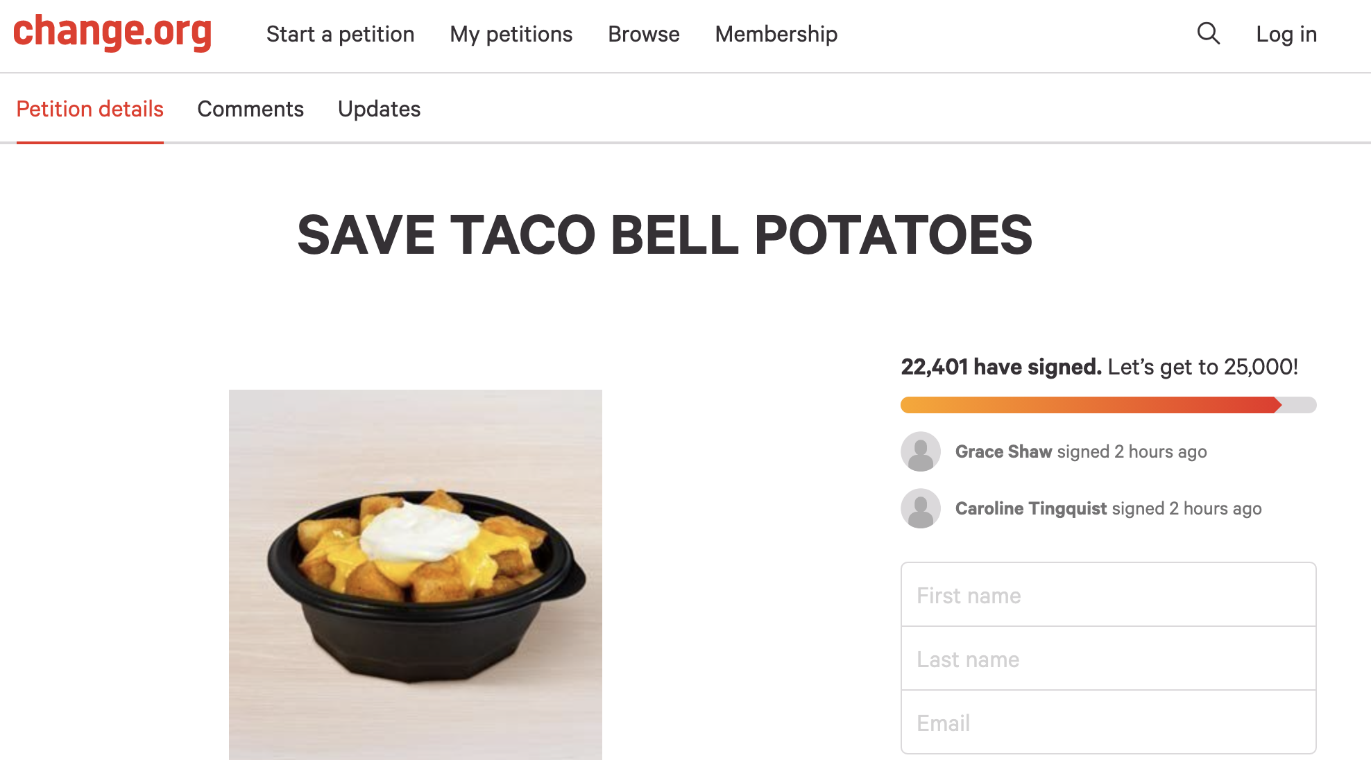 A petition to &quot;save Taco Bell potatoes&quot; on change.org