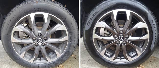 on the left, a reviewer's tires looking dirty, and on the right, the same tires now looking clean