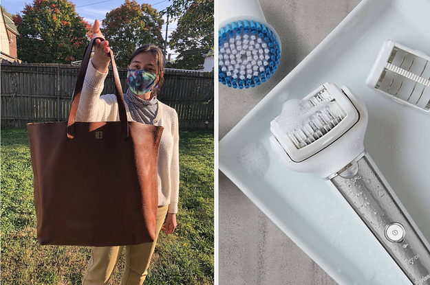 to the left: an oversized madewell tote, to the right: an epilator razor