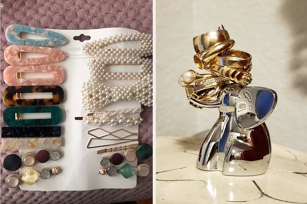 L: Pack of cute barrettes and hair clips R: elephant ring holder