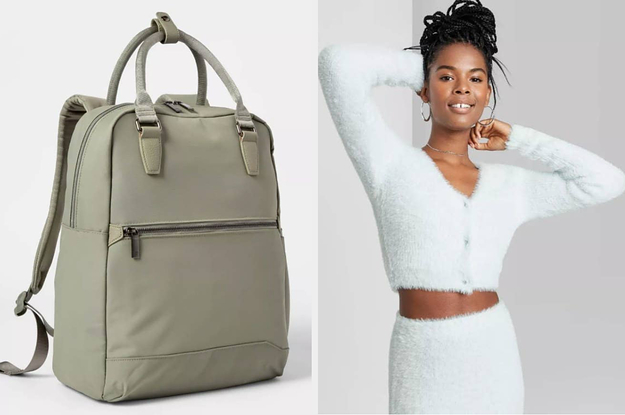 On left, green laptop backpack with front pocket. On right, model wears fuzzy light blue cardigan with matching skirt