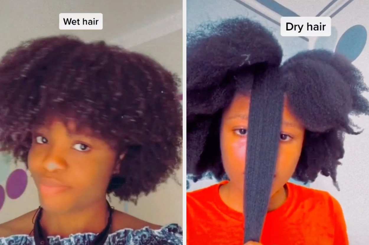 This user shows her natural hair while wet then shows how much shrinkage she gets when it&#x27;s dry, but pulling a strands of hair way past her shoulders