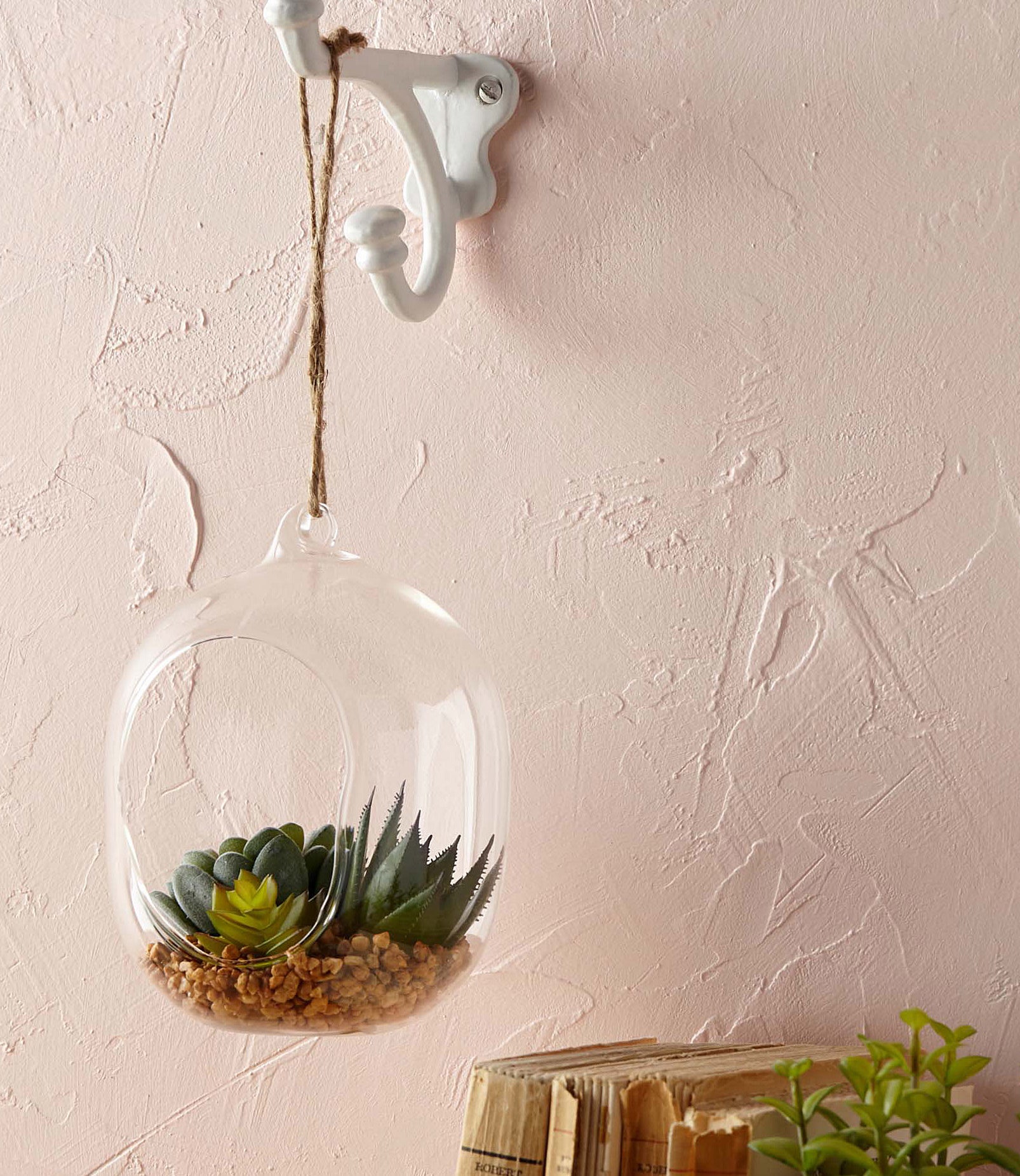 A glass terrarium hanging in front of a textured wall 