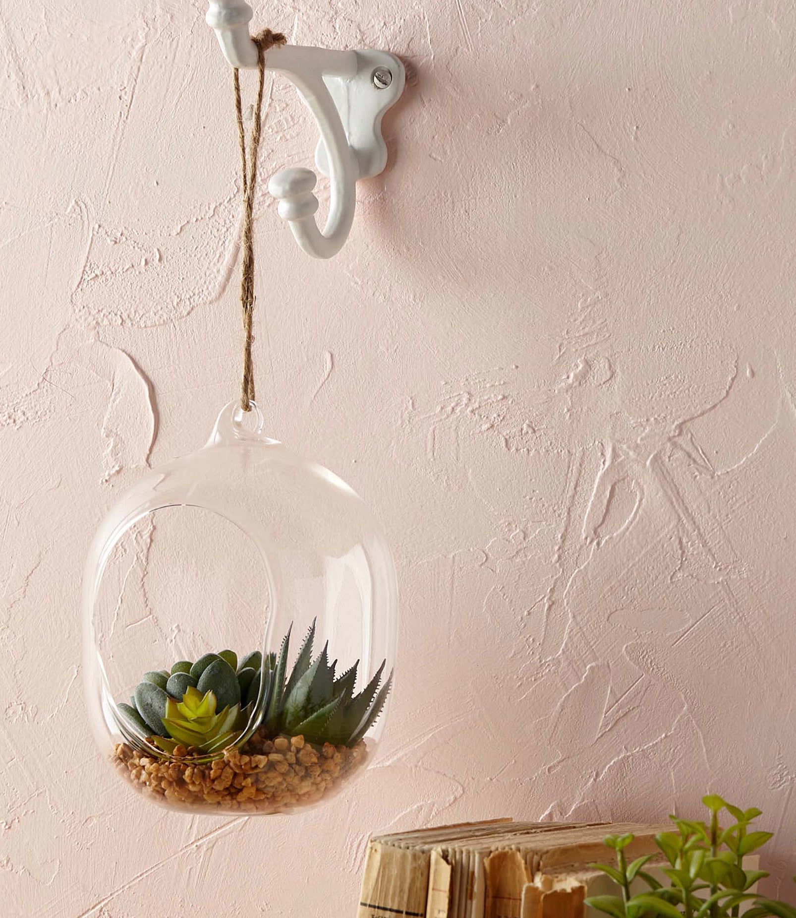A glass terrarium hanging in front of a textured wall