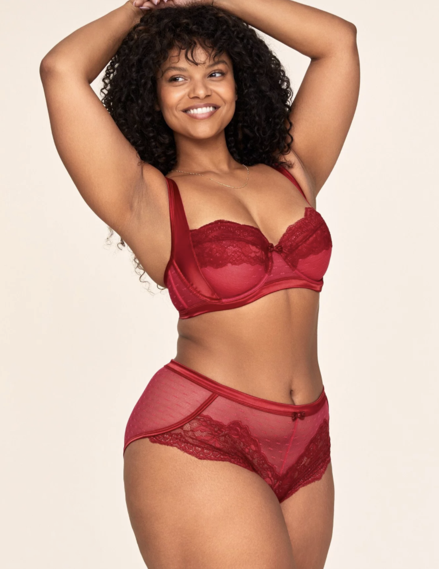 a model in an unlined lace red bra and matching underwear