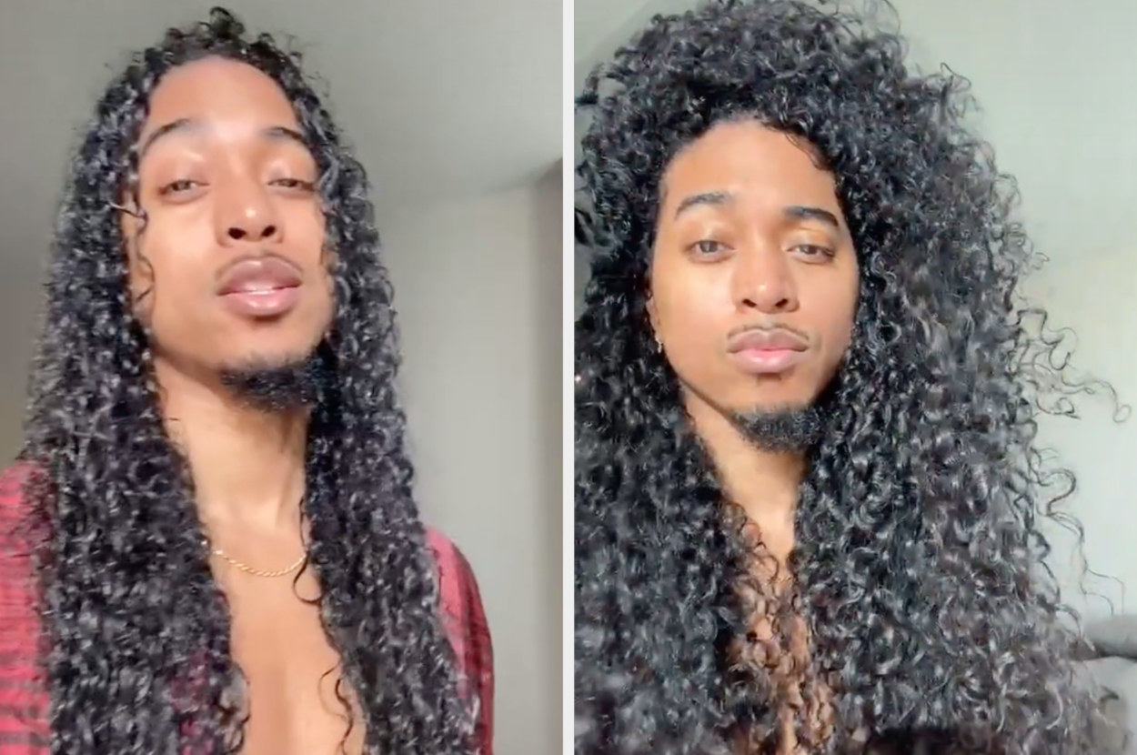 This user has very long curly hair while let then shows slight shrinkage but way more volume when dry