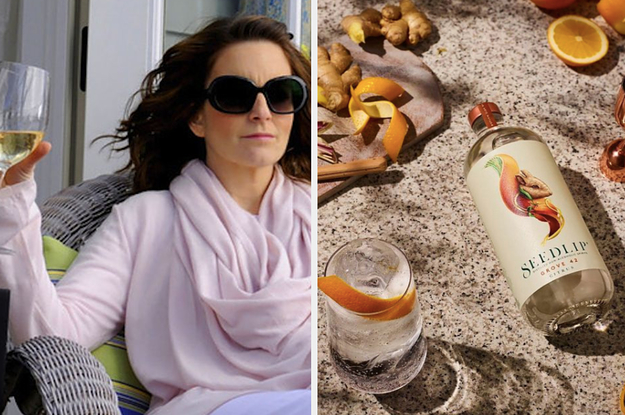 Tina Fey holding a drink and Seedlip non-alcoholic spirit.