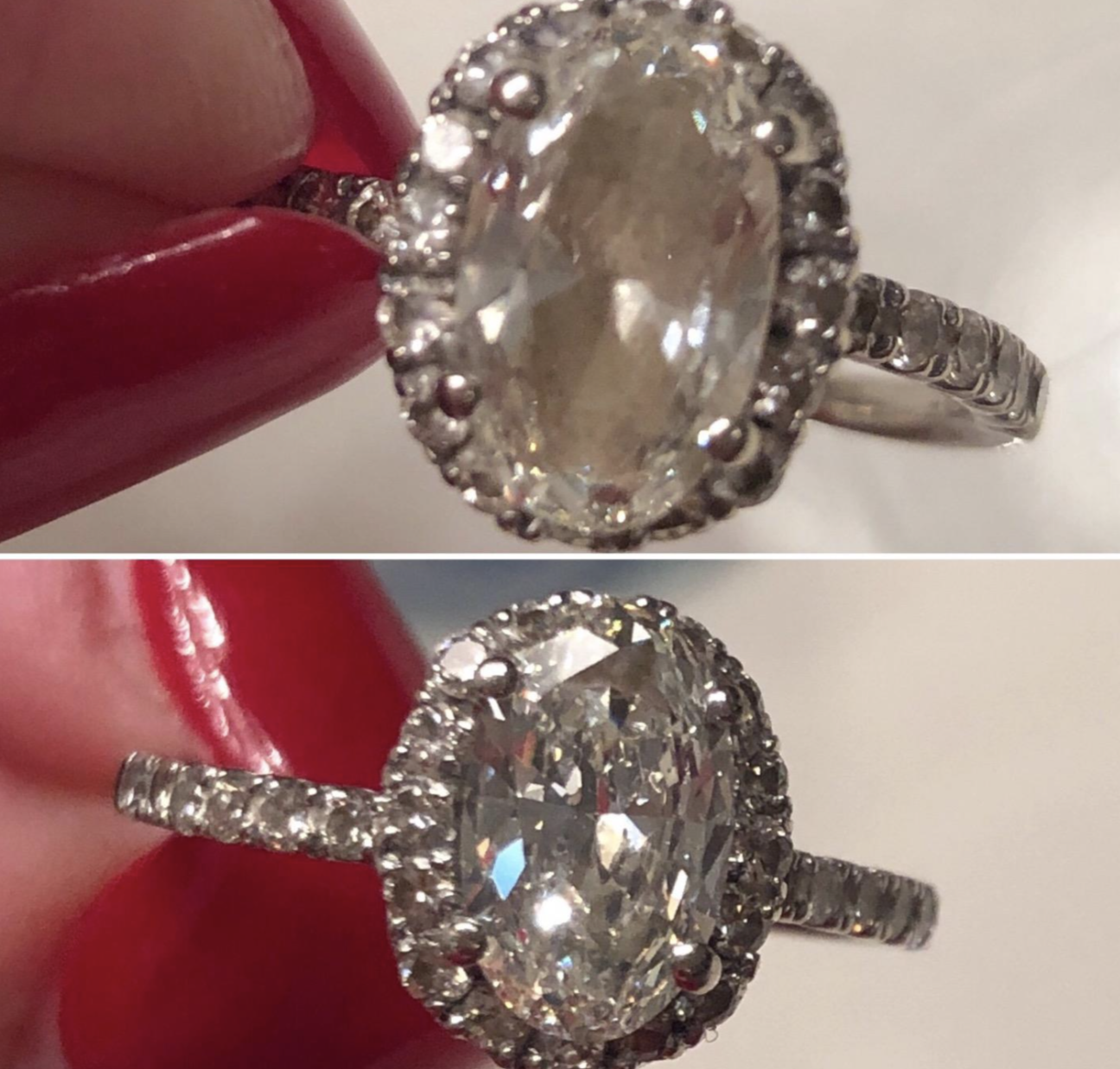 on top, a reviewer&#x27;s diamond ring looking fogged up, and on the bottom, the same diamond now looking clear and shiny