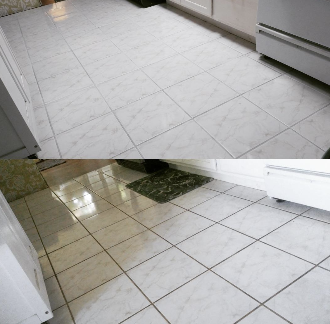 the bottom photo showing a reviewer&#x27;s tiles looking dirty from grout and the top photo, the tiles clear of the grout after using the pen