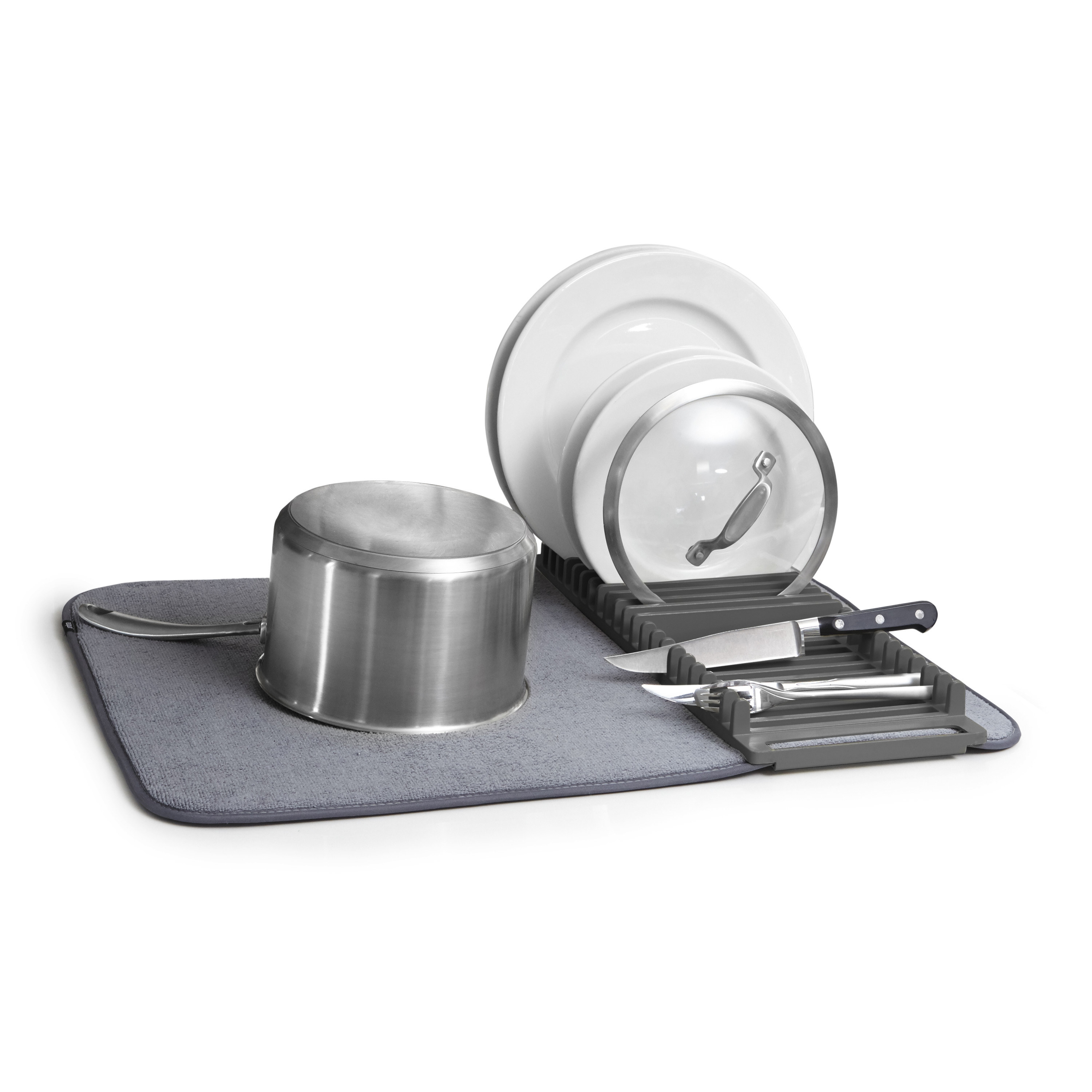 grey dish drying rack with pot, plates, and utensils on top 