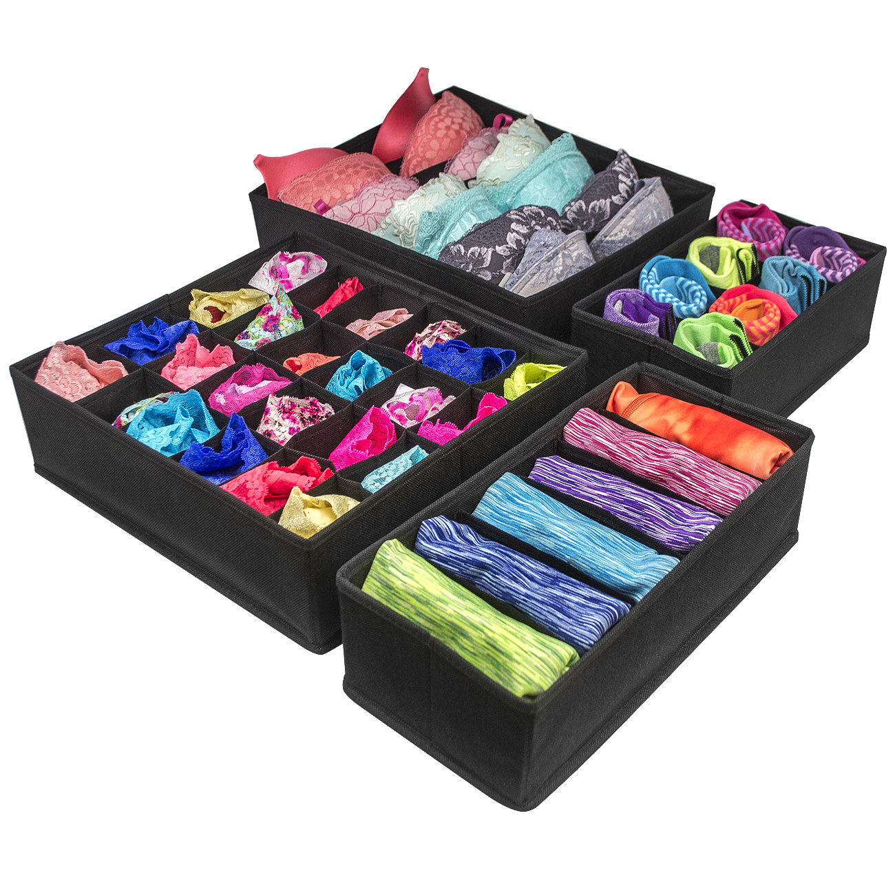 four fabric organizers filled with underwear, bras, and small accessories