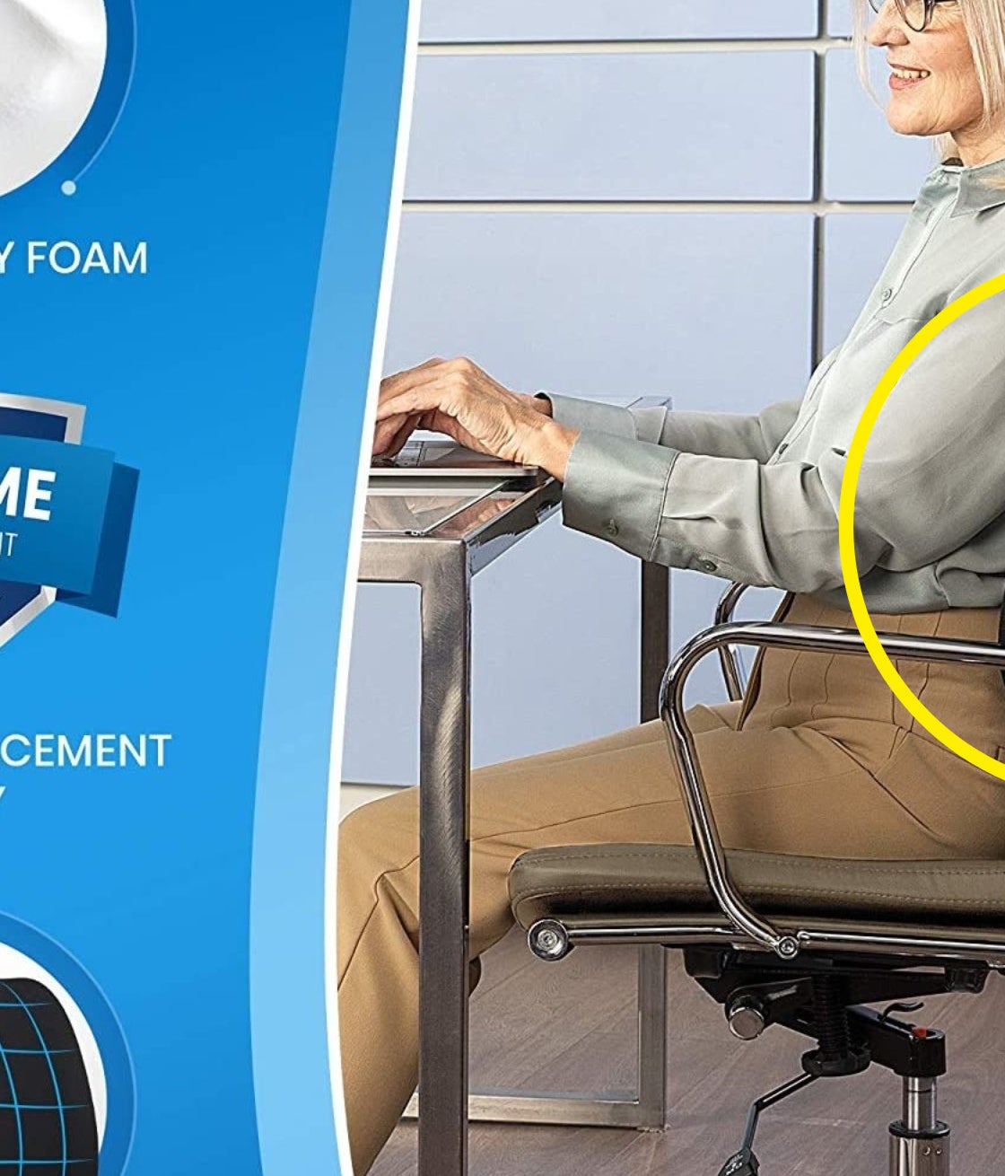 Someone sitting in an office chair leaning against the supportive back cushion
