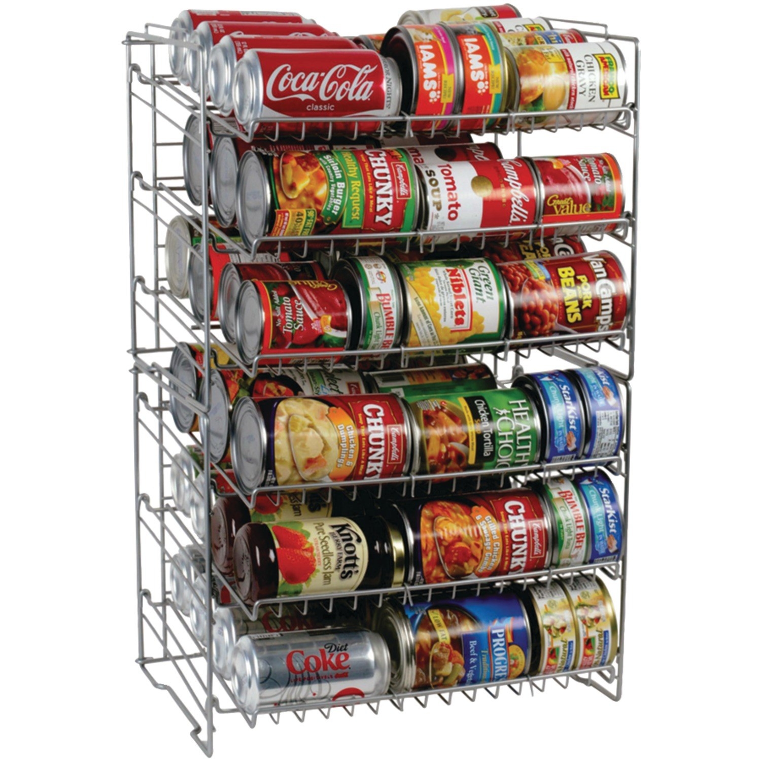 can rack with cans of soda, soup, and vegetables stacked on the shelves