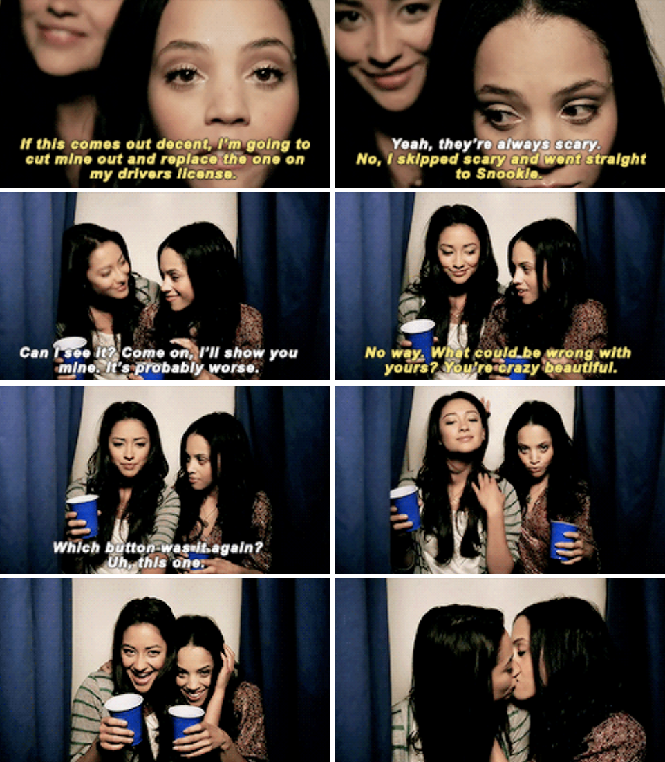 Emily and Maya taking photo booth pictures together, and ultimately kissing in the last one