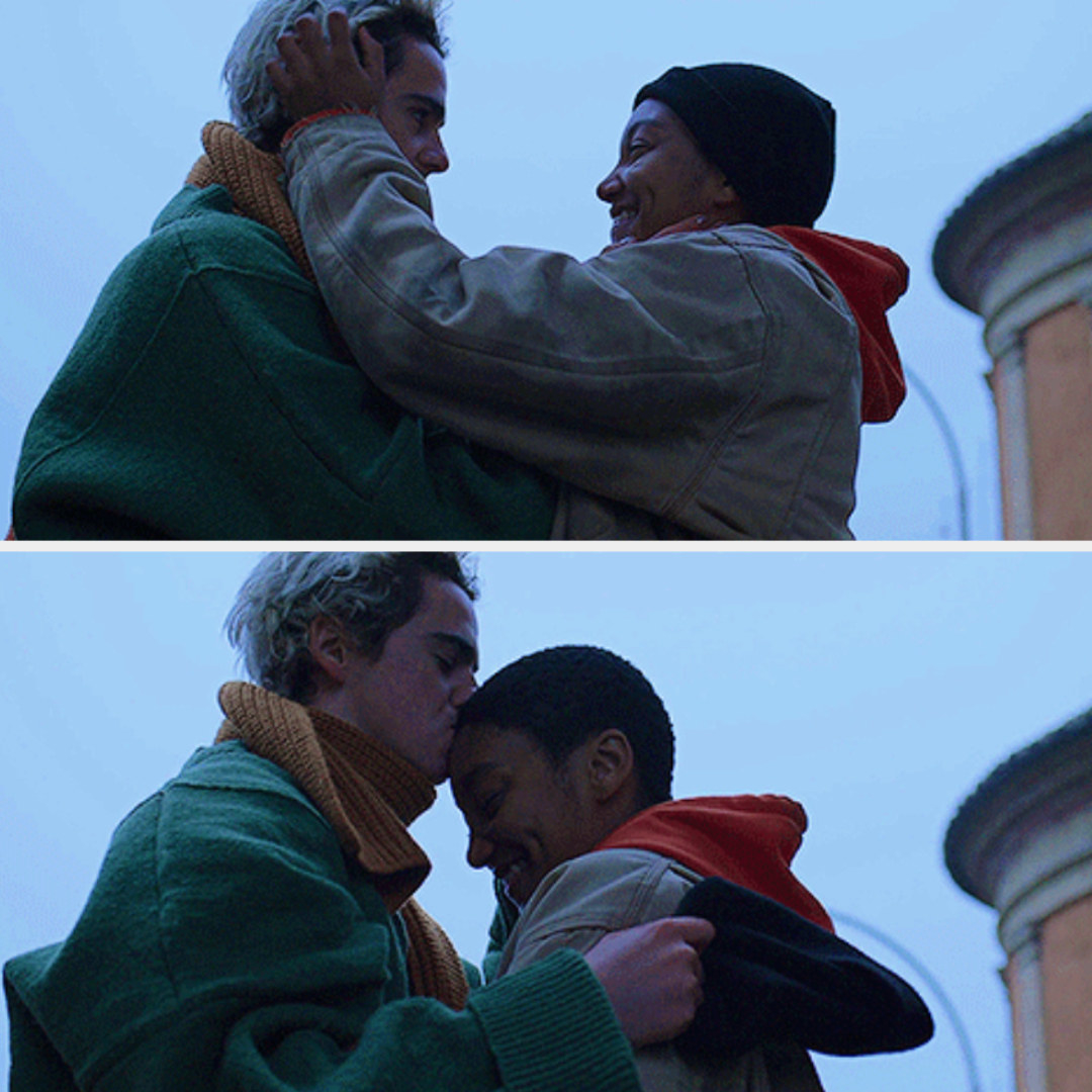 Fraser and Harper embracing each other on the balcony
